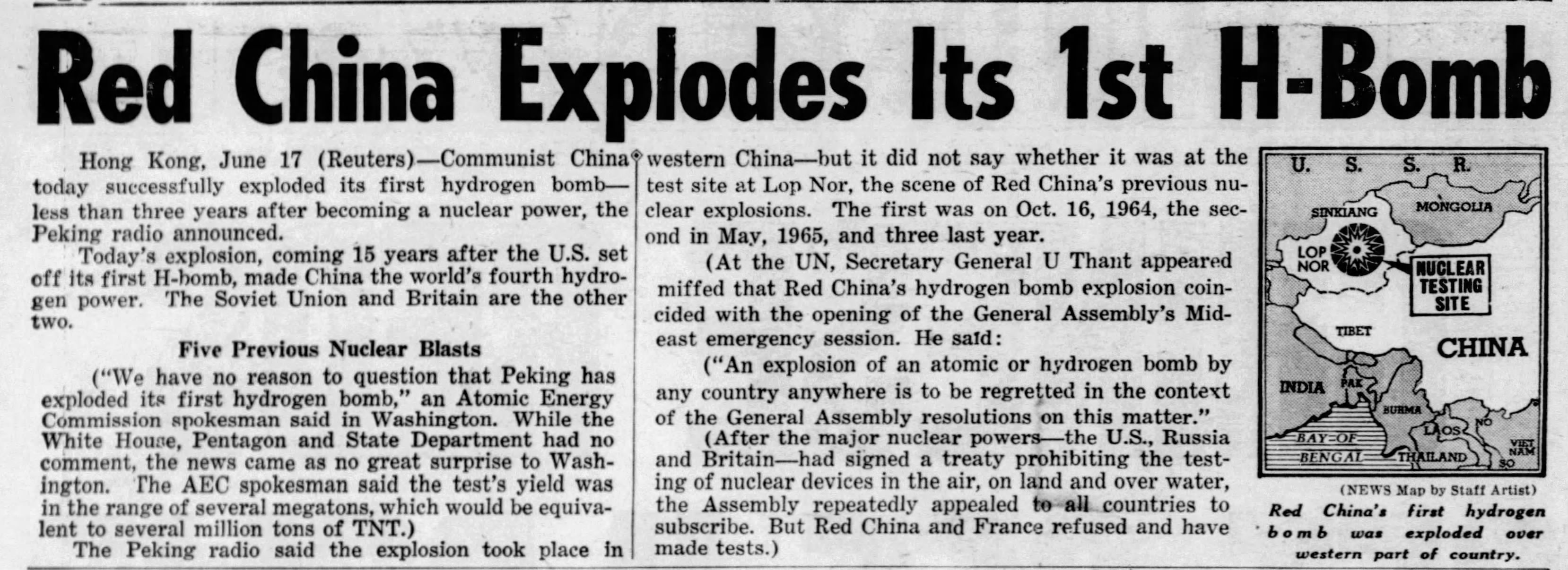 Photo of newspaper. Headline reads "Red China Explodes Its 1st H-Bomb"