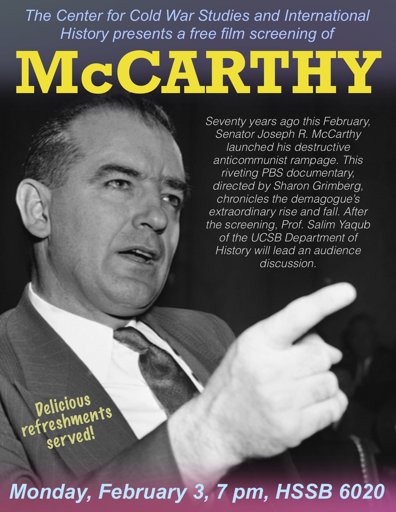 Poster for CCWS film screening of PBS documentary "McCarthy."