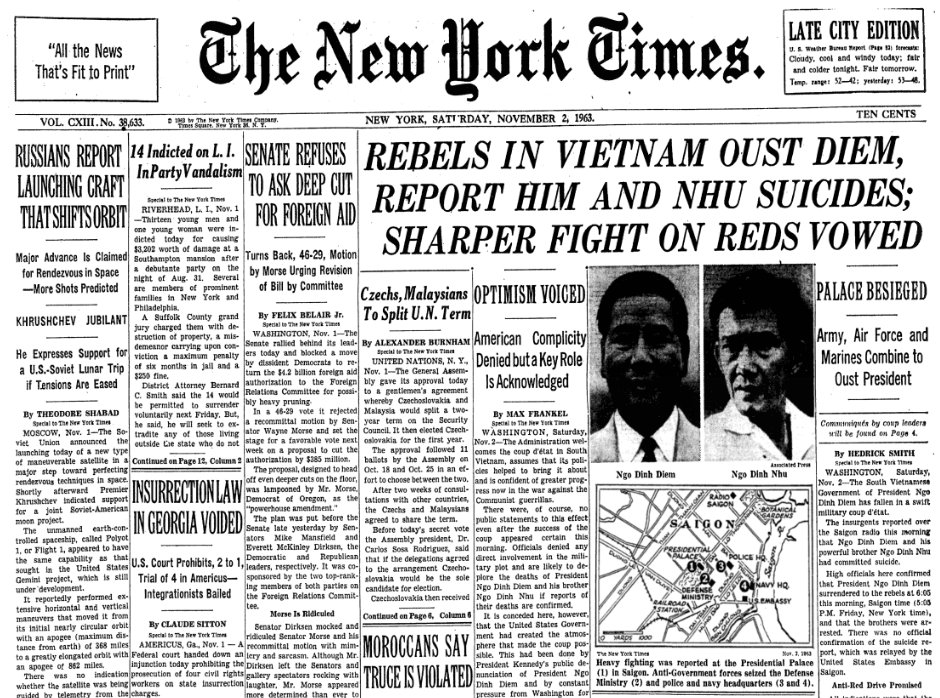 NYT Headline containing news of Ngo Dinh Diem's death 